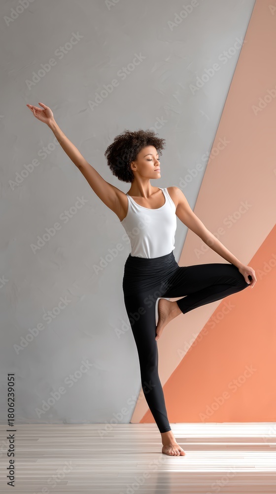 Fototapeta premium Athletic woman in dynamic yoga pose, balanced on one arm, modern studio with minimalist design, soft daylight with gentle shadows, neutral grays and soft pinks, minimalist sports style, centered