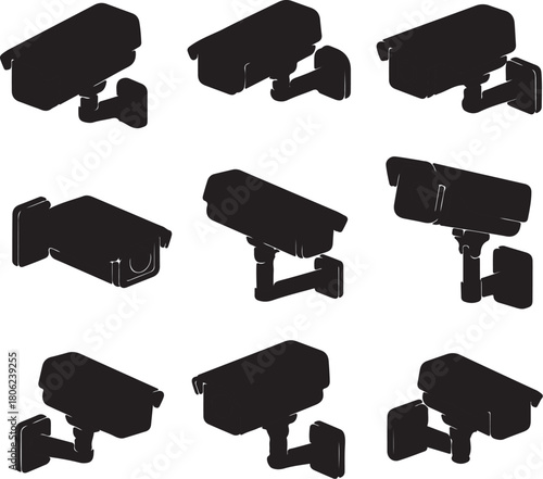 Nine silhouette security cameras with mounting brackets on a white background cctv surveillance also transparent background