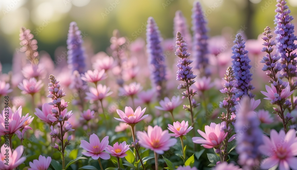 Obraz premium vivid spring bloom scene, pink and purple flowers blending smoothly, artistic