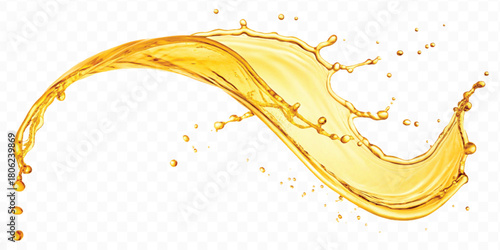 abstract smooth liquid oil splashing with droplets in curve style isolated on white background	
