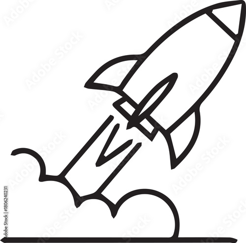 Simple line drawing of a rocket launching into space with smoke trails.