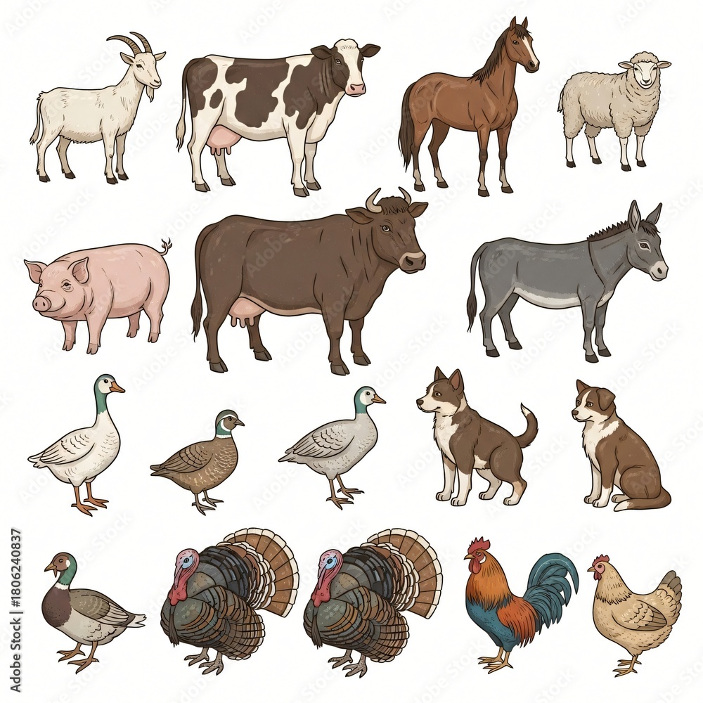 Fototapeta premium Assortment of farm animals including cows pig sheep goat horse donkey ducks turkeys rooster hen and dogs