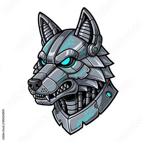 Futuristic robot wolf head with glowing blue eyes, perfect for gaming, technology, or science fiction projects needing a powerful, robotic canine mascot