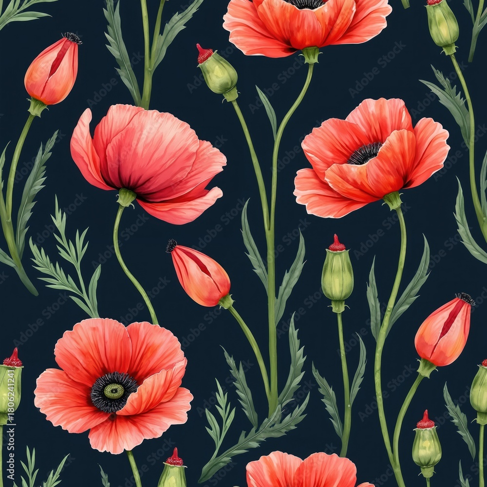 Fototapeta premium Seamless pattern of red poppies, green leaves on dark blue background. Watercolor floral art, suitable for textile, cards, invitations, gift wrap designs. Botanical illustration style with natural