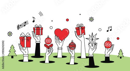 Illustrating the spirit of giving and holiday cheer with hands holding gifts and ornaments on a green background