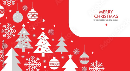 Festive Merry Christmas and Happy Holidays Greeting Card with Snowflakes and Ornaments