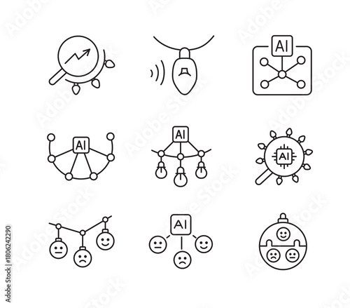 A set of vector icons representing AI-powered data analysis, sentiment tracking, and festive network technologies, created in line style with editable stroke