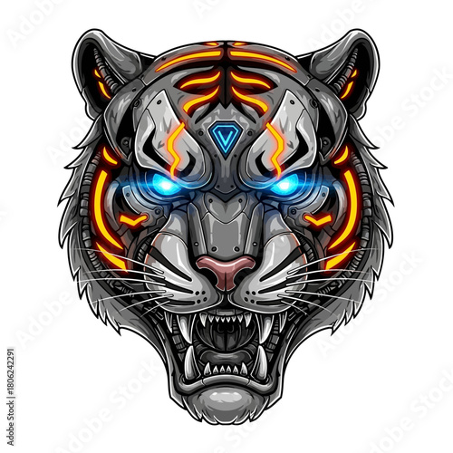 Futuristic robotic tiger head with glowing neon accents, perfect for gaming, technology, or sci-fi themed designs, radiating power and intensity
