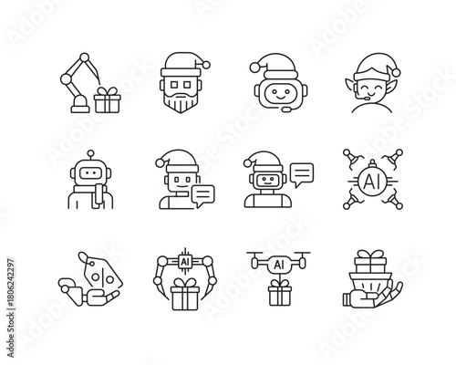 A set of vector icons representing AI-powered robotic helpers and automation in holiday gift delivery and customer service, created in line style with editable stroke