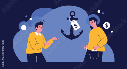 Financial risk illustration showing man with empty pockets, anchor with price tag symbolizes high cost, business decisions and economic uncertainty