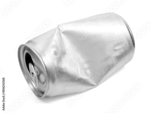 Crumpled empty blank aluminium can isolated on white background