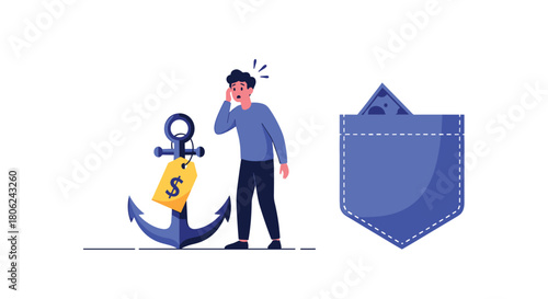 Worried man sees high price anchor, cash drains from pocket representing financial burden, debt, and economic anxiety in this finance concept