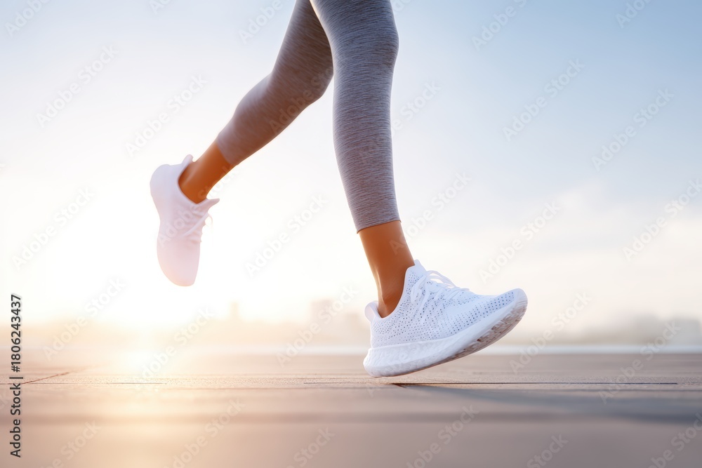 Fototapeta premium Athletic woman jogging outdoors in stylish activewear, showcasing dynamic movement and determination against a vibrant sunrise backdrop, emphasizing fitness and health lifestyle