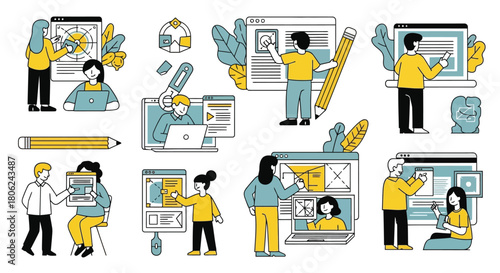 Illustration of people working on digital design projects and wireframing interfaces on computers and screens