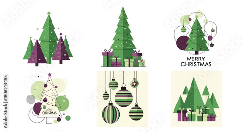 Festive Collection of Stylized Christmas Trees and Gifts for Holiday Decorations