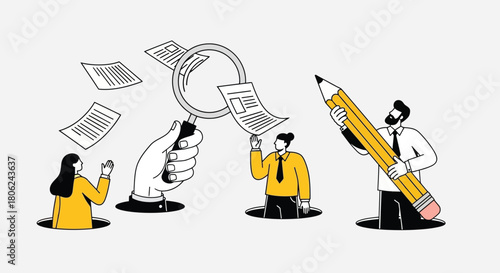 Illustration of people working with documents and a magnifying glass, symbolizing research and analysis
