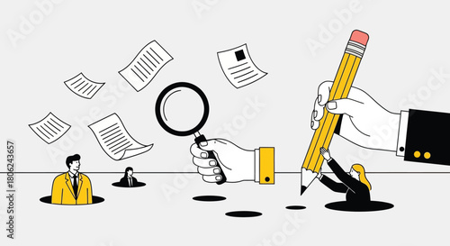 Conceptual illustration of business analysis and writing with hands holding magnifying glass and pencil amidst papers