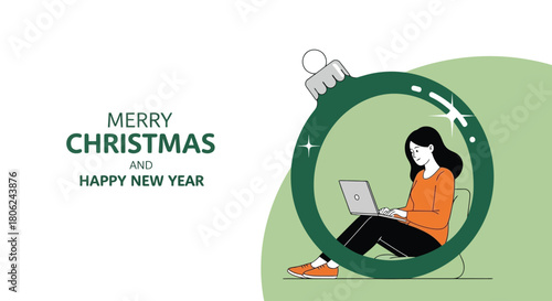 Celebrating the Holiday Season and New Year with a Woman Working Remotely on a Laptop, Surrounded by Festive Christmas Ornament