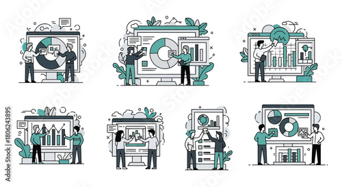 Business analytics and data visualization set with people interacting with charts and graphs on screens