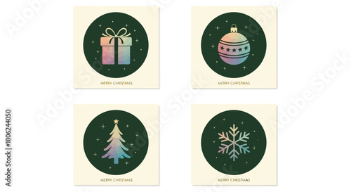 Collection of four festive circular Christmas icons with gradient colors, featuring a gift, ornament, tree, and snowflake