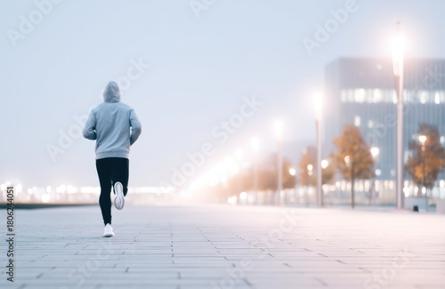 Jogging man in gray hoodie runs along a deserted urban pathway, illuminated by streetlights, showcasing a serene morning exercise routine in a modern city environment