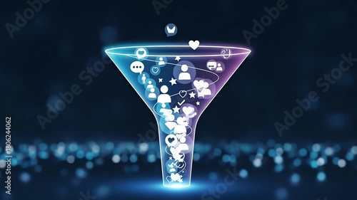 Futuristic Digital Marketing Sales Funnel Filtering Social Media Icons.