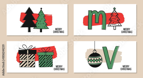Festive Christmas Cards with Trees, Gifts, and Greetings in Various Designs, Perfect for the Holidays