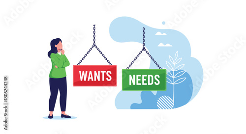Thoughtful businesswoman considers wants versus needs in business decisions, financial planning, and strategic prioritization for success