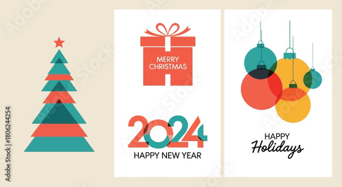 Minimalist Christmas and New Year Holiday Card Designs Festive Vector Art for 2024 Celebrations