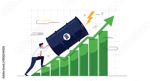Rising oil prices impacting global markets with man pushing barrel up chart, symbolizing energy industry challenges and investment opportunities