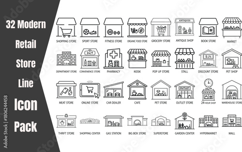 32 Minimalist Retail Store Line Icons Set – Outline Shopping & Business Vector Collection