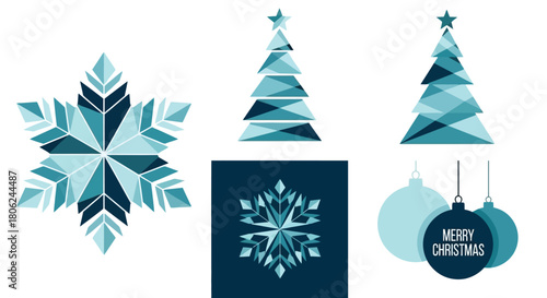 Geometric Christmas Designs Snowflake, Trees, and Ornaments in Teal and Blue Colors