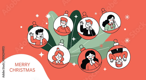 Merry Christmas Festive Holiday Greetings with People Inside Christmas Ornaments, Celebrating Together
