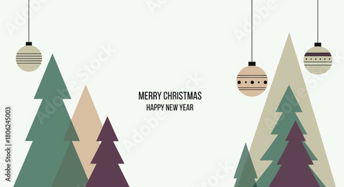 Festive Christmas and New Year Background with Abstract Trees and Decorations