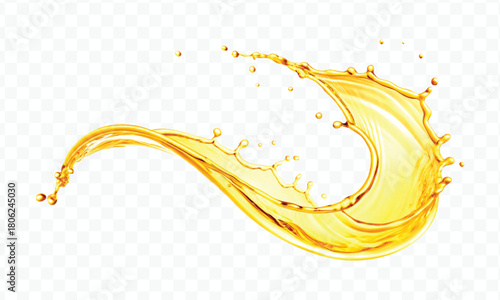 abstract smooth liquid oil splashing with droplets in curve style isolated on white background	
