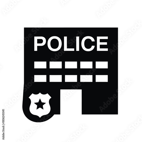 Black silhouette icon of a police station building with badge