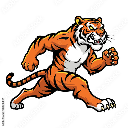 Fierce tiger mascot running with determination and power, perfect for sports teams, branding, and energetic designs needing a strong symbol of leadership