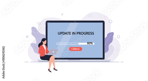 Businesswoman patiently waits for software update on laptop, maintaining productivity despite tech challenges in her modern office space