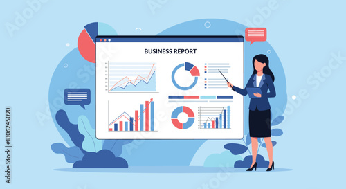 Professional woman presenting dynamic business report with charts and graphs in modern corporate setting for financial marketing and analysis insights