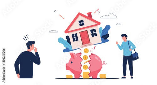 Worried investors watch housing market crash, savings drained by real estate decline - financial risk concept with concerned people