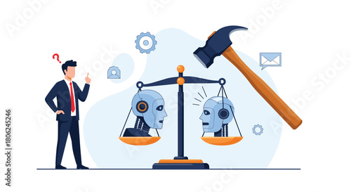 Weighing AI impact ethical choices with robot heads on scales, businessman pondering future technology implications with hammer nearby