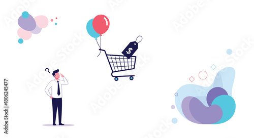 Confused businessman ponders smart shopping deals with balloons and a price tag, a thoughtful marketing concept for sales and promotions