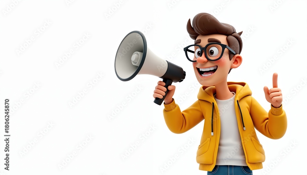 Naklejka premium Cartoon character guy with glasses wears yellow jacket, holding megaphone. He points finger up, speaks loudly, announcing news. Cheerful person offers service.