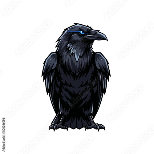 Majestic raven with piercing blue eyes, a symbol of mystery and wisdom perfect for fantasy art, book covers, or Halloween themed designs