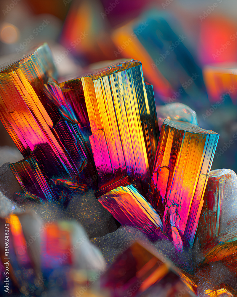 Obraz premium Macro shot of colorful mineral crystal with ultra sharp details vibrant rainbow refraction and intricate fractal geometry under soft diffused lighting 
