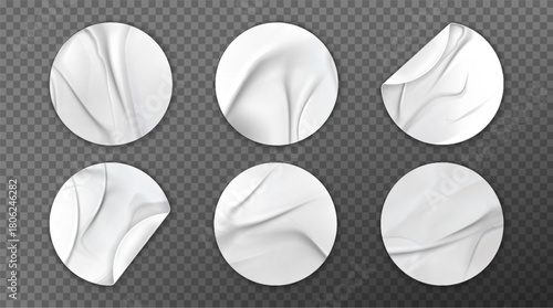 Glued round stickers set isolated on transparent background. Vector realistic illustration of empty patches with wrinkled surface and peeled edges, blank sale label, crumpled price tag, crease texture