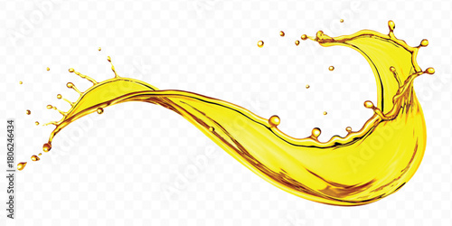 abstract smooth liquid oil splashing with droplets in curve style isolated on white background	
