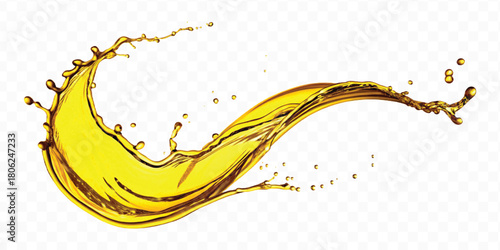 abstract smooth liquid oil splashing with droplets in curve style isolated on white background	
