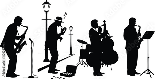 Street Jazz Band Playing Saxophone and Drums Silhouette Vector