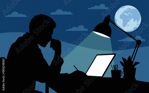 A silhouette of a person working late at night under the light of the moon